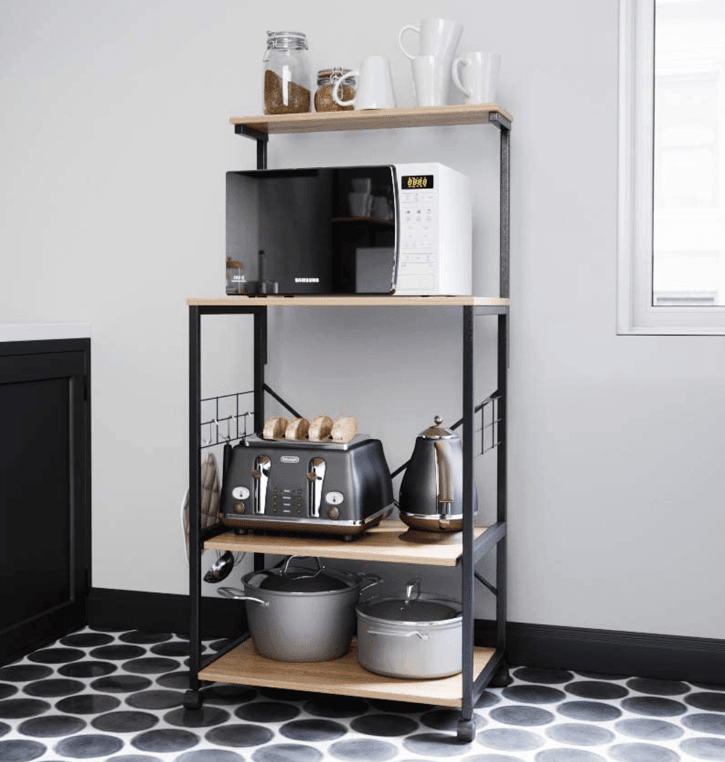 4 Tier Kitchen Organizer and Microwave Stand with Wheels and Side Hooks in Natural Finish - Ouch Cart