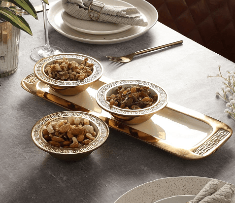 Versace Design Bowl Tray Set in Ivory Enamle & Gold Finish - Ouch Cart