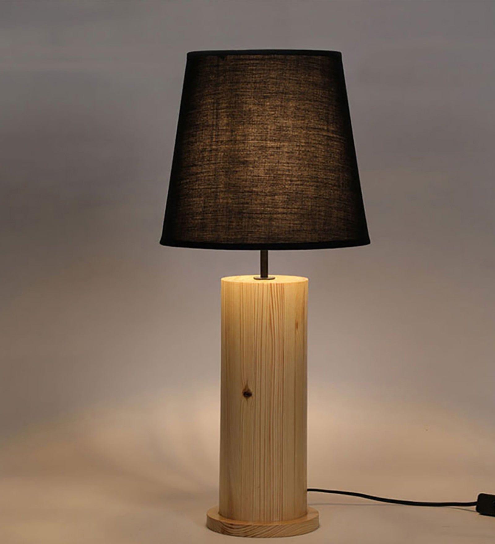 Cedar Brown Wooden Table Lamp with Yellow Printed Fabric Lampshade (BULB NOT INCLUDED) - Ouch Cart
