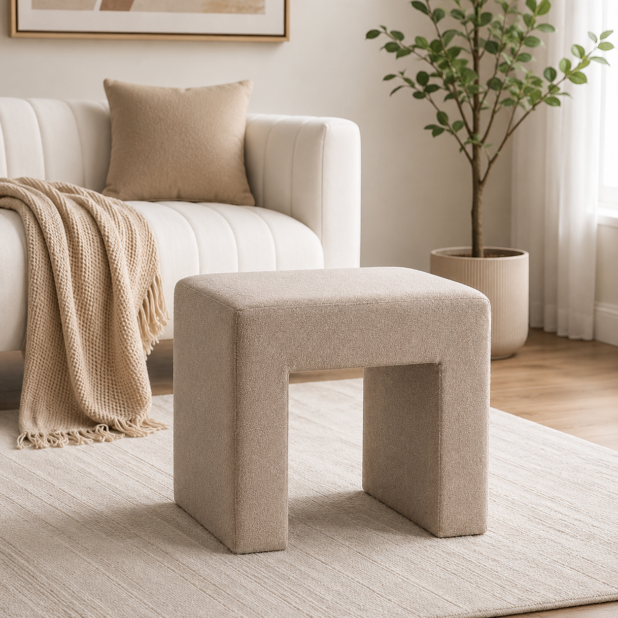 Modern Boucle Vanity Stool Chair with Solid Wooden Legs | Soft Upholstered Ottoman Footstool for Makeup Vanity, Bedroom, Living Room, Entryway & Office (Taupe)
