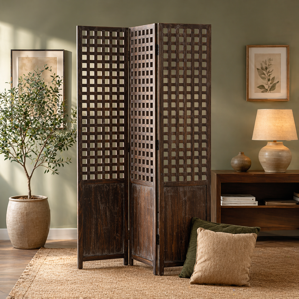 Wooden Handcrafted Partition/Room Divider/Separator for Living Room/Office 3 Panels Ouch Cart