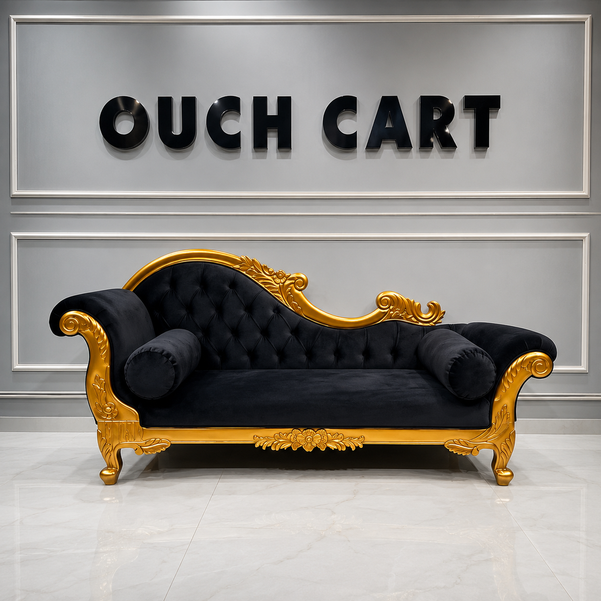 Handicrafts Teak Wood Couch in Black Velvet Upholstery Ouch Cart