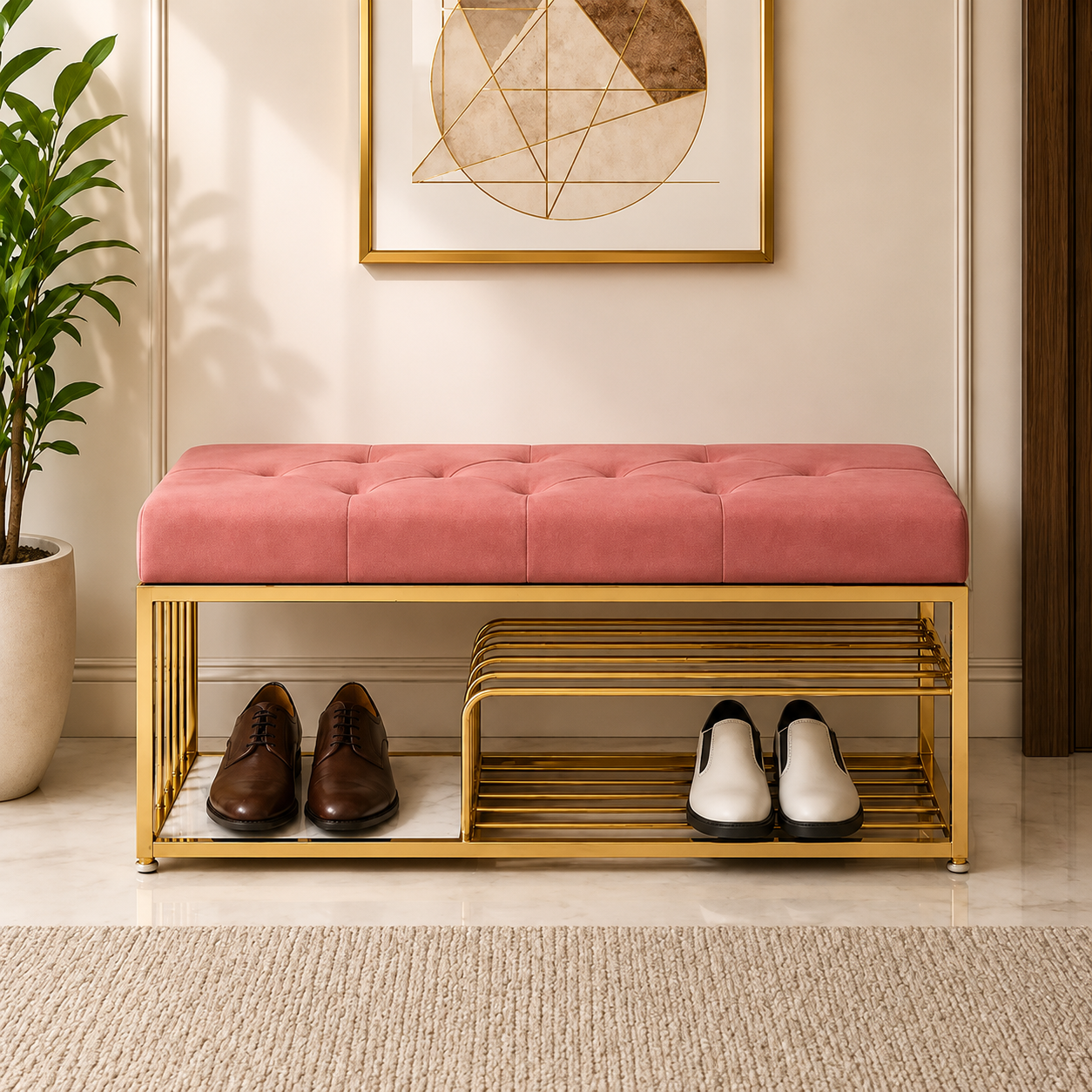 Velvet Upholstered Entryway Shoe Rack Bench with Storage