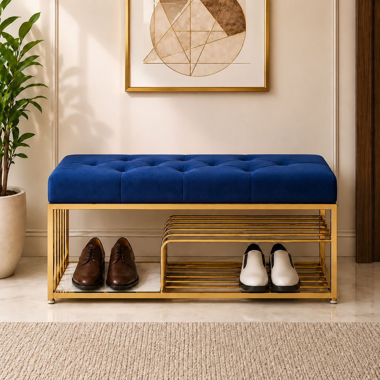 Velvet Upholstered Entryway Shoe Rack Bench with Storage