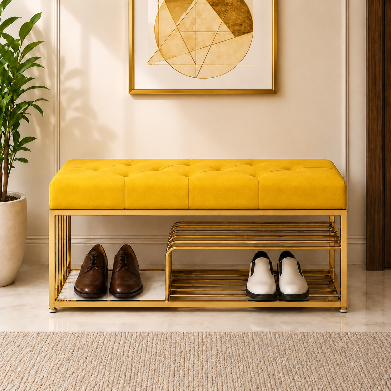 Velvet Upholstered Entryway Shoe Rack Bench with Storage