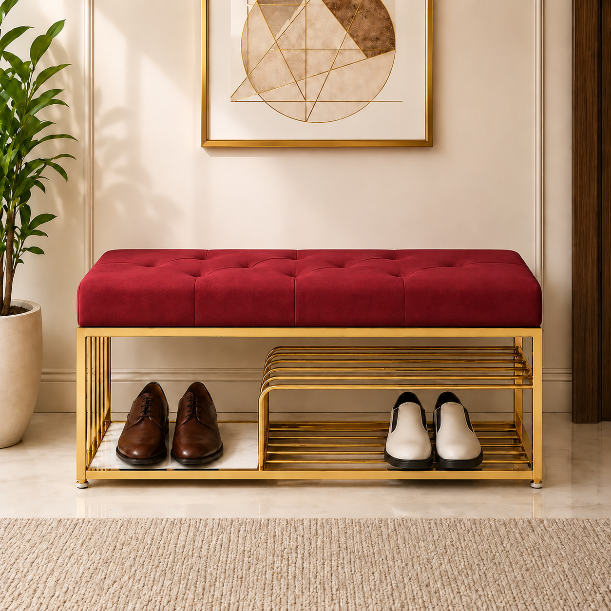 Velvet Upholstered Entryway Shoe Rack Bench with Storage