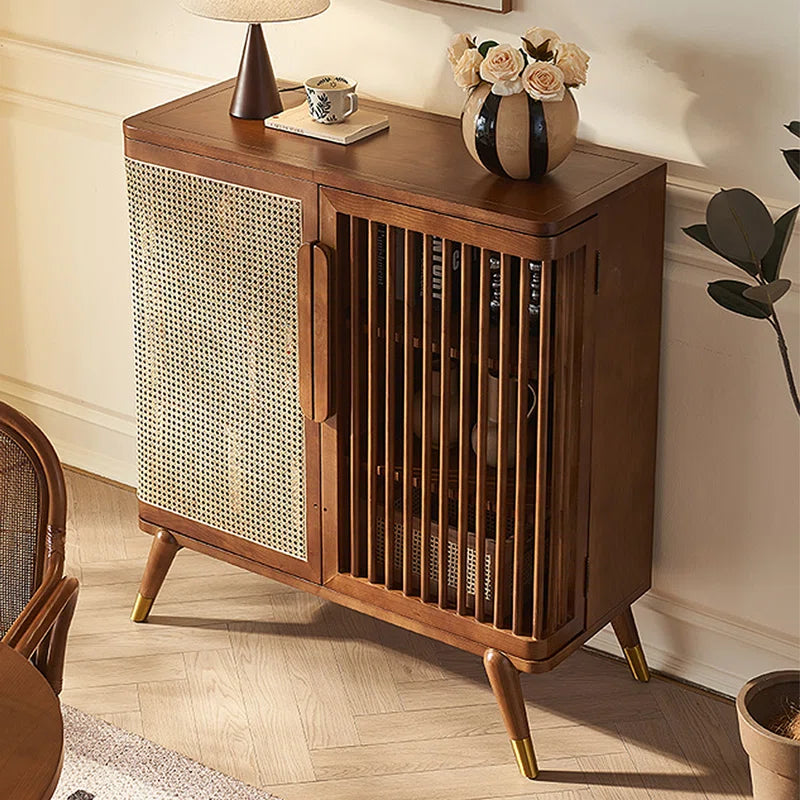 Modern Wabi-Sabi Rattan Cabinet – Solid Wood Storage Cabinet with Shelves and Rattan Doors