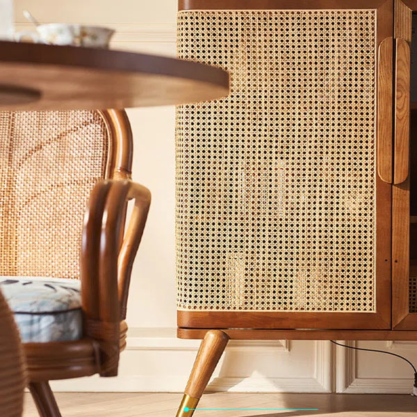 Modern Wabi-Sabi Rattan Cabinet – Solid Wood Storage Cabinet with Shelves and Rattan Doors