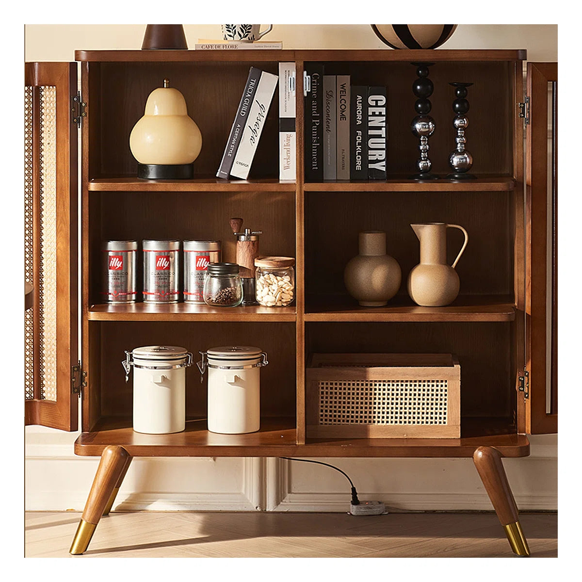 Modern Wabi-Sabi Rattan Cabinet – Solid Wood Storage Cabinet with Shelves and Rattan Doors