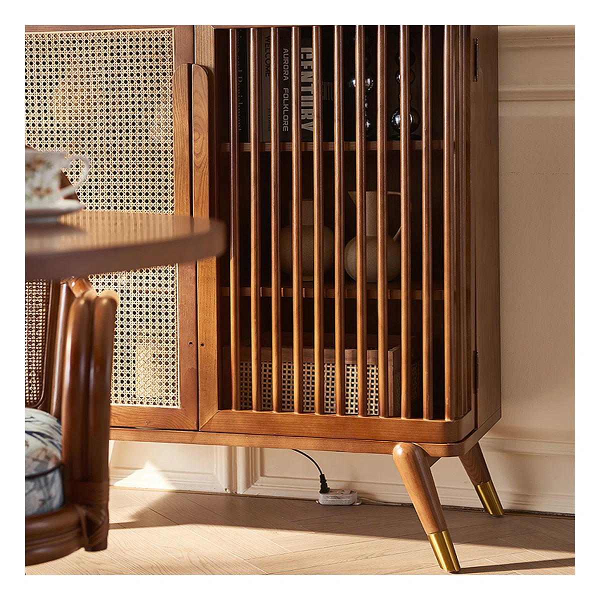 Modern Wabi-Sabi Rattan Cabinet – Solid Wood Storage Cabinet with Shelves and Rattan Doors
