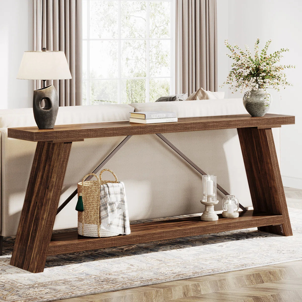 Rustic Brown Console Table – Traditional Wooden Entryway Sofa Table with Shelf Storage