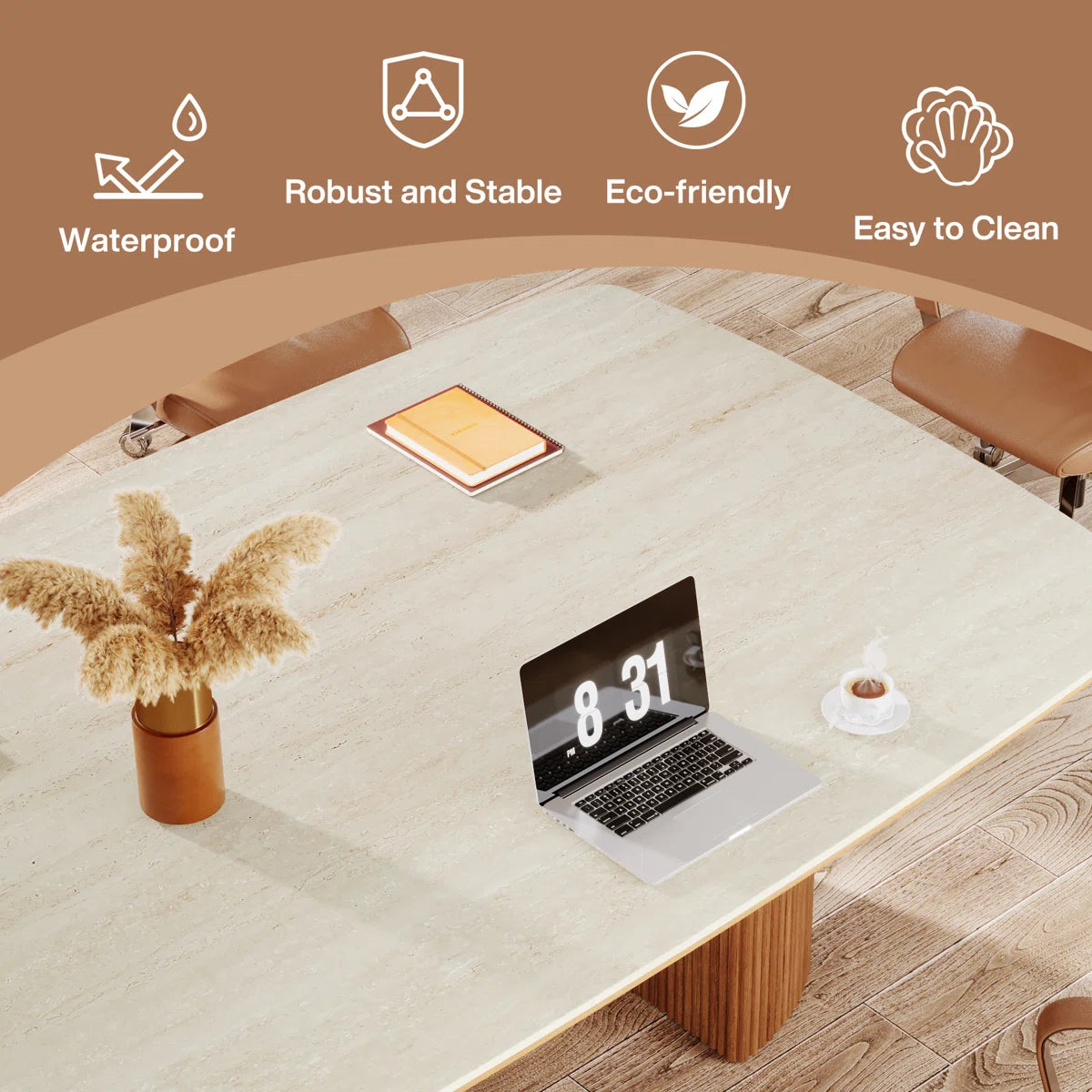 Conference Table With Unique Travertine Slab Top And Semi-Circular Stripe Base