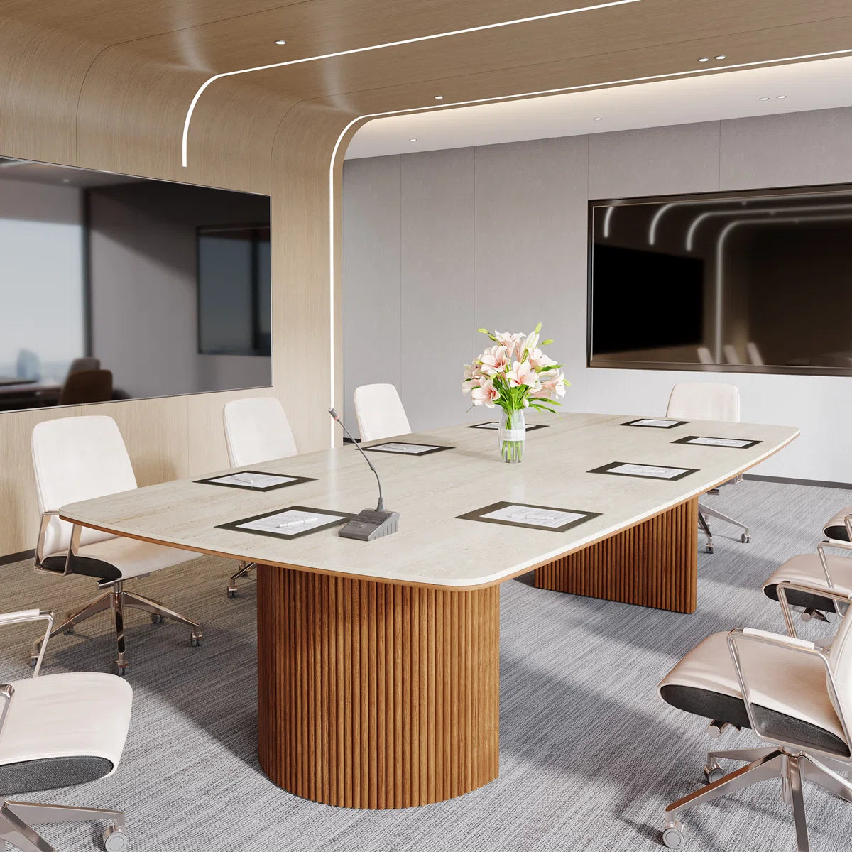 Conference Table With Unique Travertine Slab Top And Semi-Circular Stripe Base-OUCH CART |  Conference table