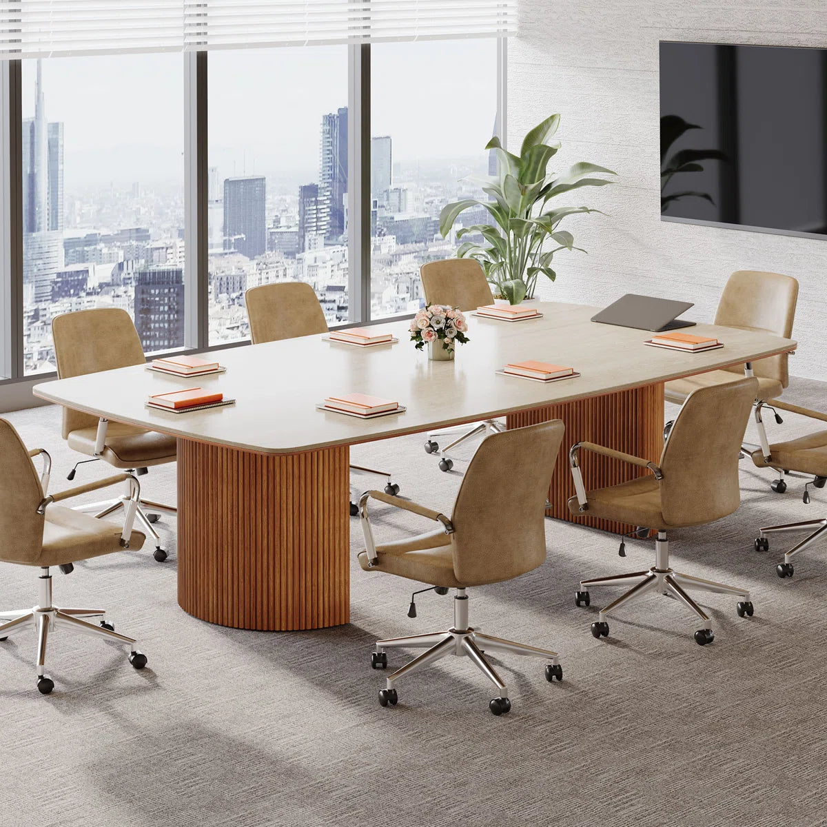 Conference Table With Unique Travertine Slab Top And Semi-Circular Stripe Base-OUCH CART |  Conference table