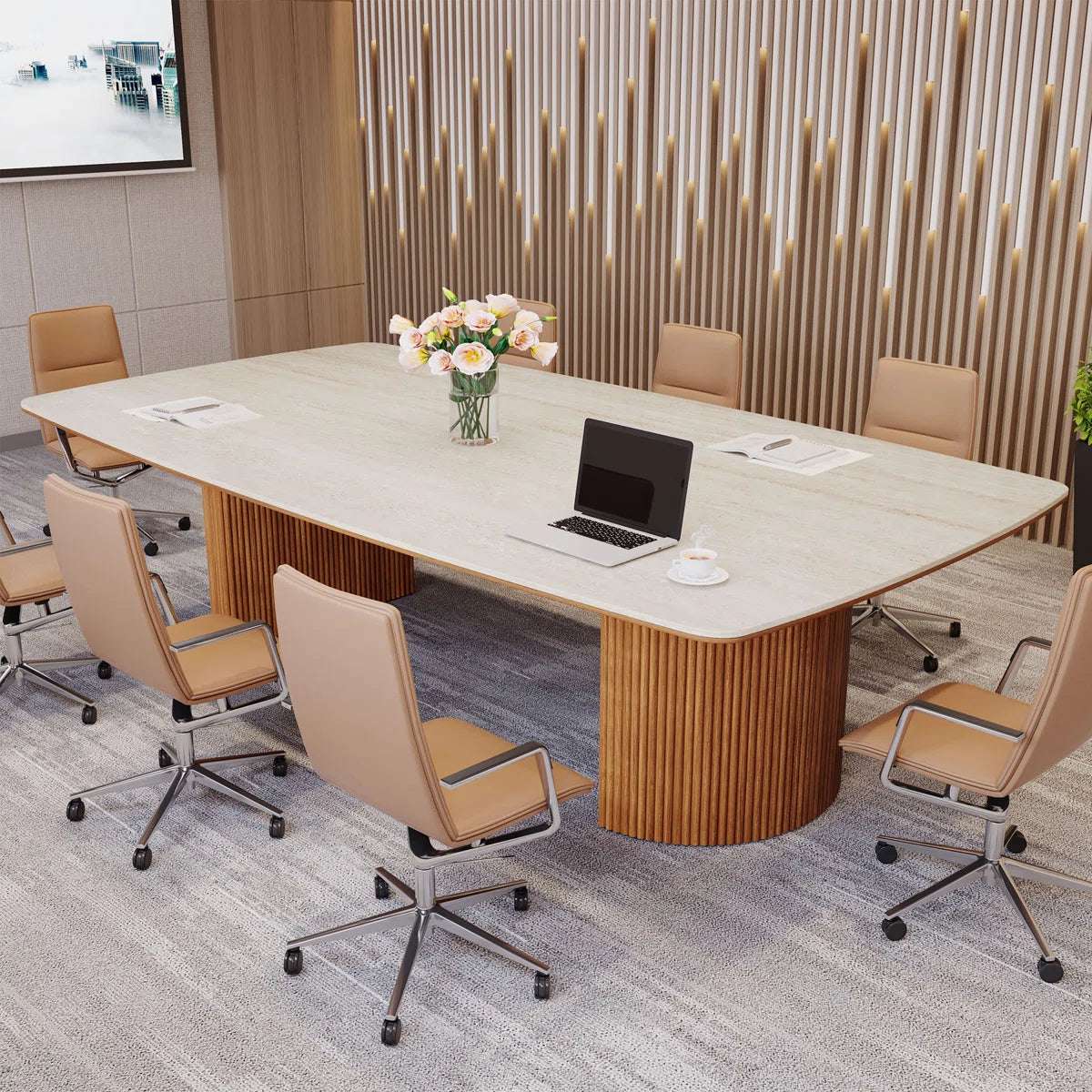 Conference Table With Unique Travertine Slab Top And Semi-Circular Stripe Base
