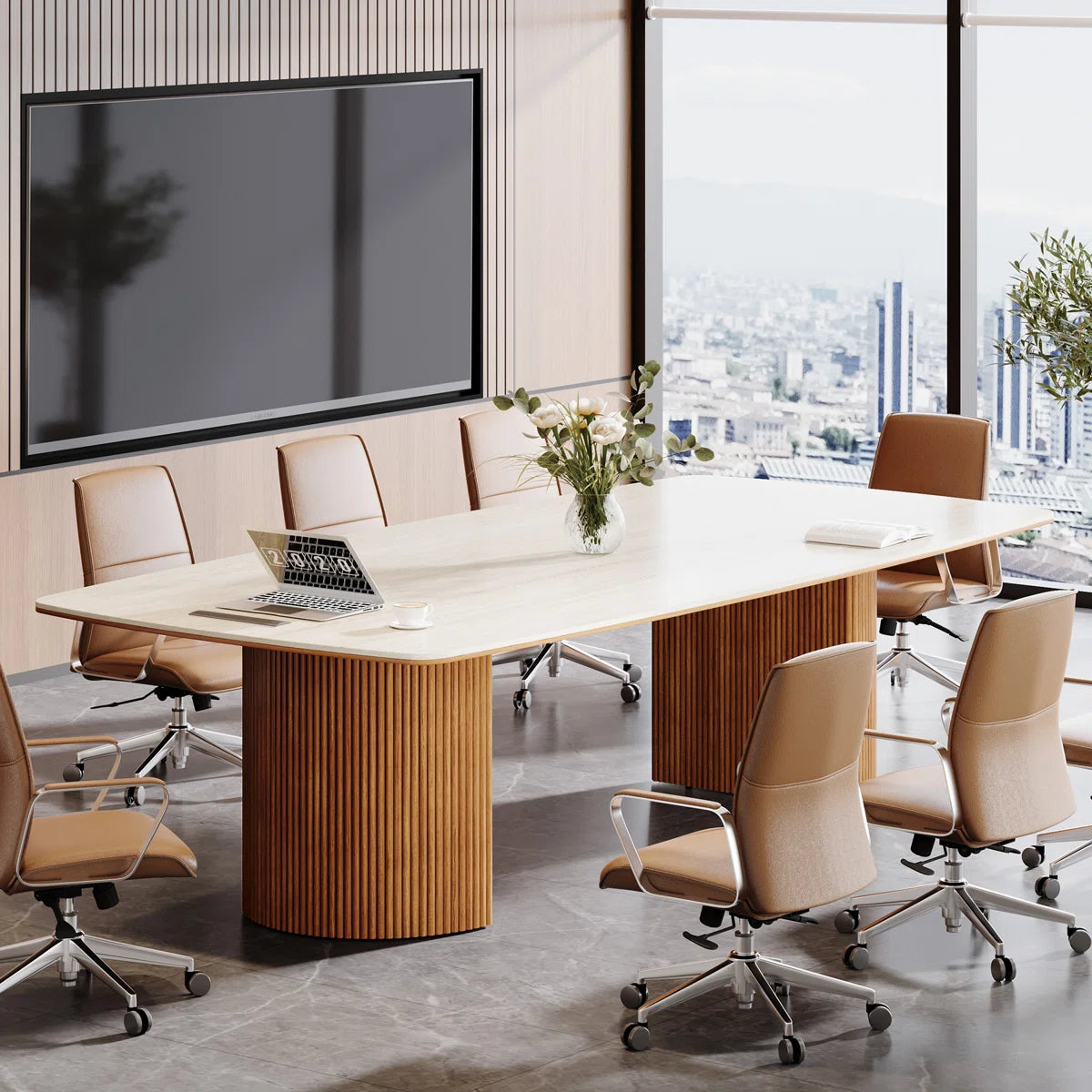 Conference Table With Unique Travertine Slab Top And Semi-Circular Stripe Base