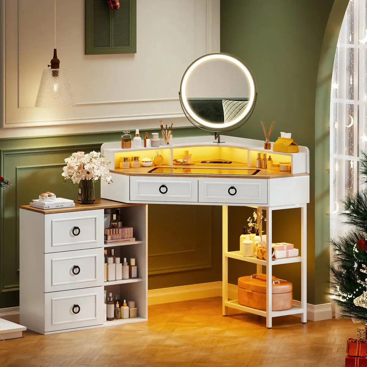 Corner Makeup Vanity Set with Mirror for Bedroom-OUCH CART | Dressing table