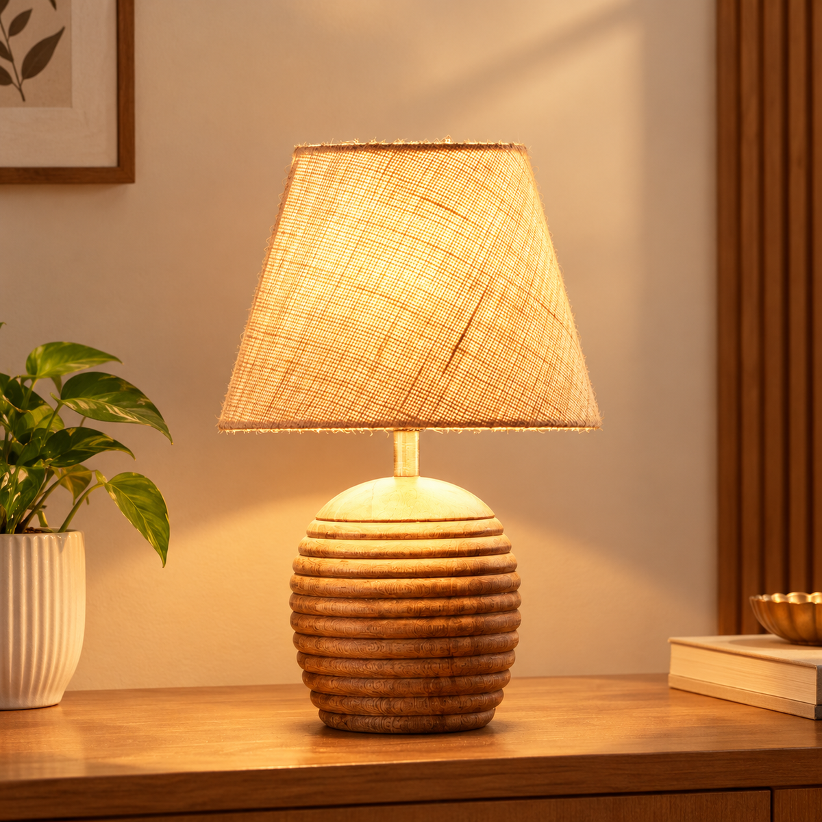 Striped Wooden Brown Lamp with White Jute Shade