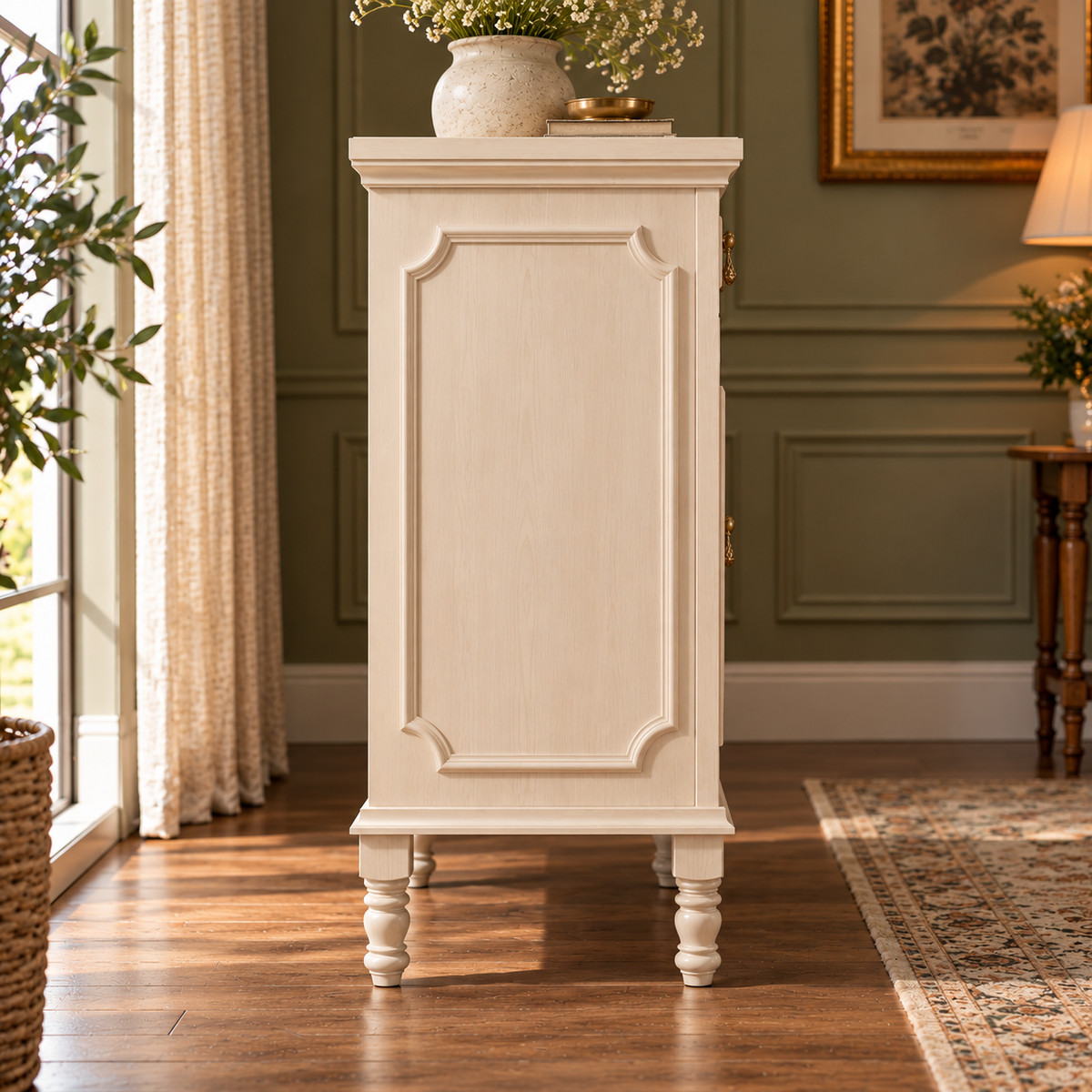Cream Beige Wooden Sideboard Cabinet with 2 Doors & 1 Drawer Vintage French Country Storage Furniture