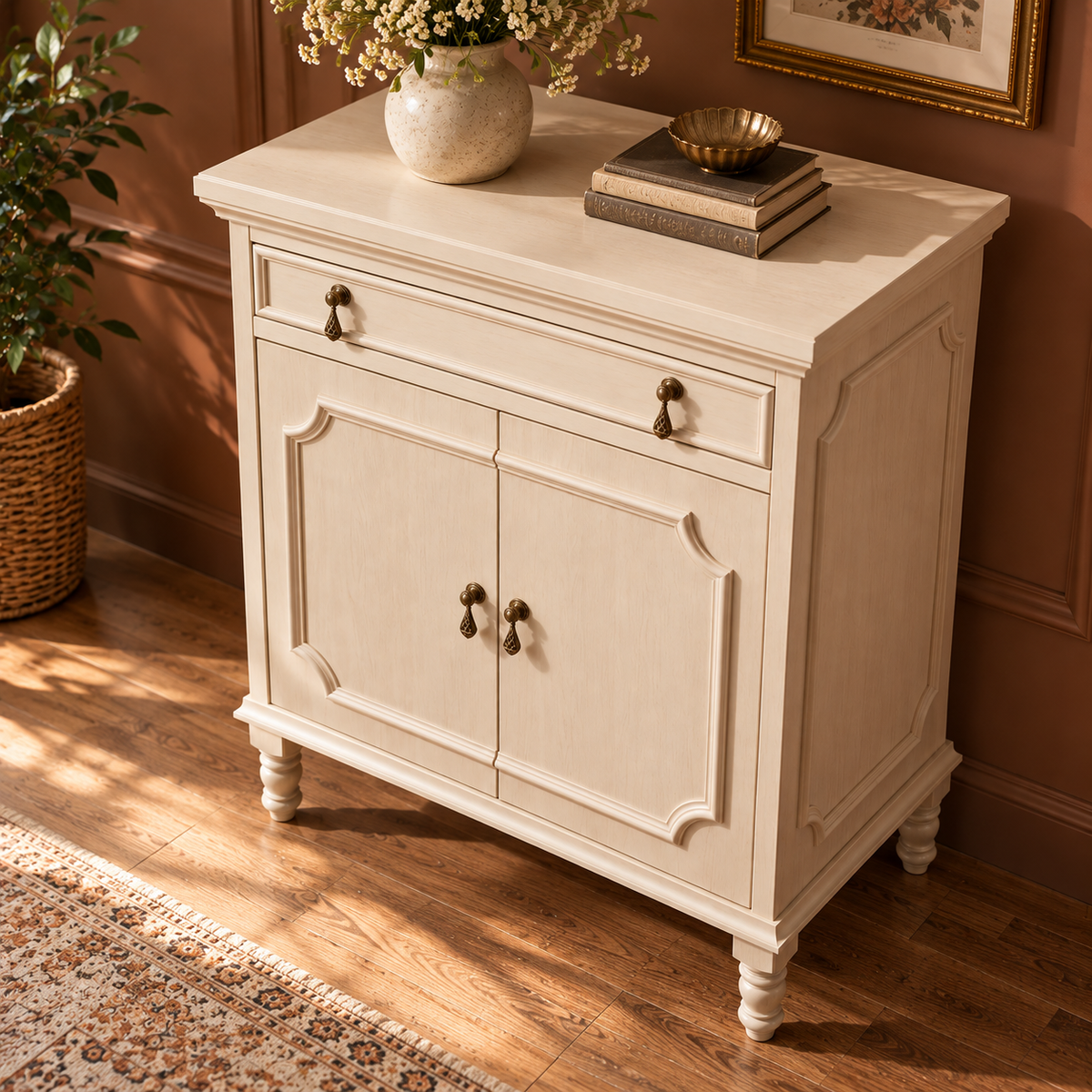 Cream Beige Wooden Sideboard Cabinet with 2 Doors & 1 Drawer Vintage French Country Storage Furniture