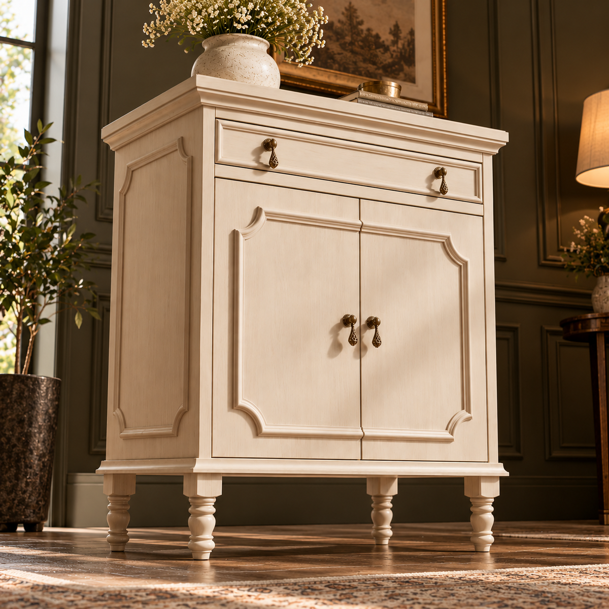 Cream Beige Wooden Sideboard Cabinet with 2 Doors & 1 Drawer Vintage French Country Storage Furniture