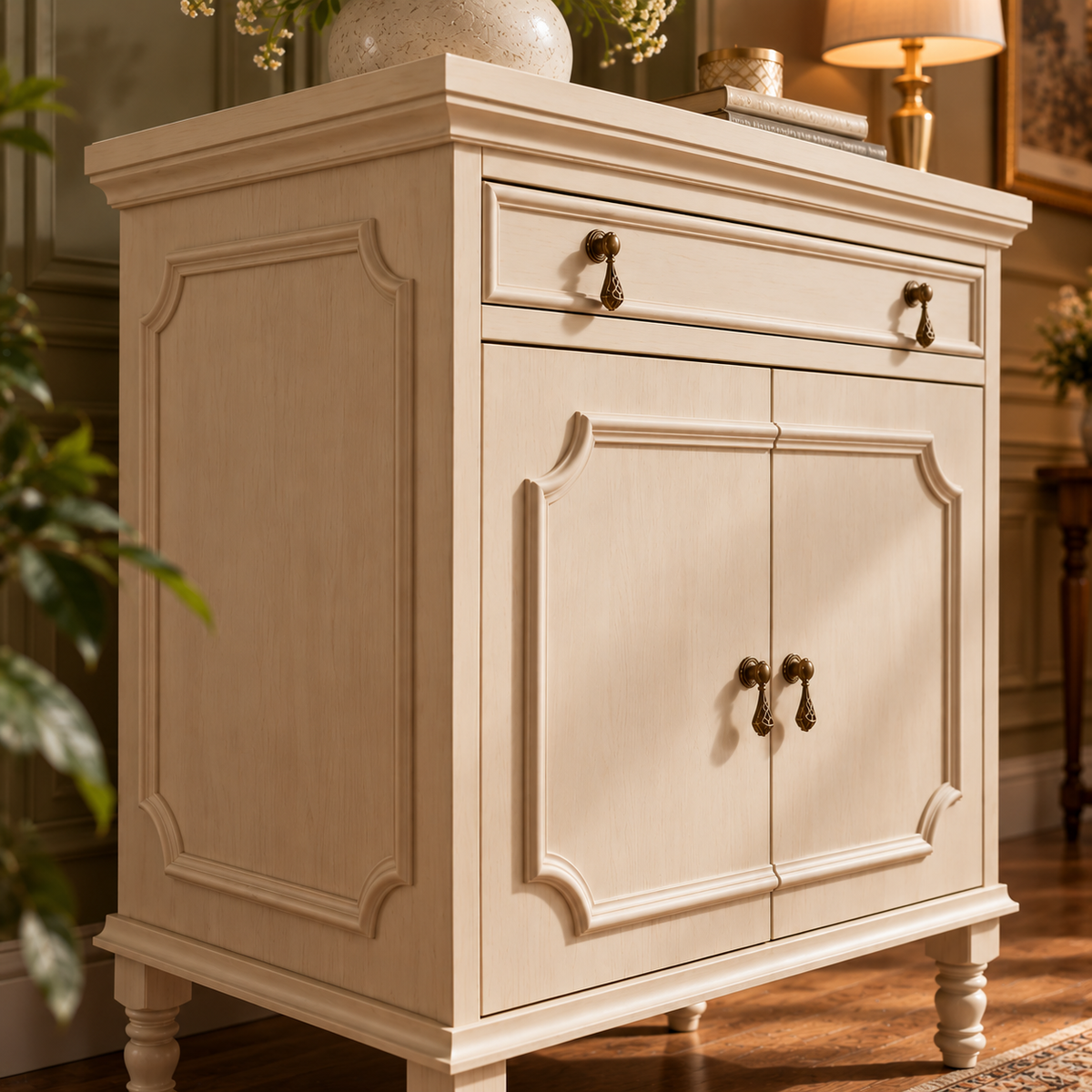 Cream Beige Wooden Sideboard Cabinet with 2 Doors & 1 Drawer Vintage French Country Storage Furniture
