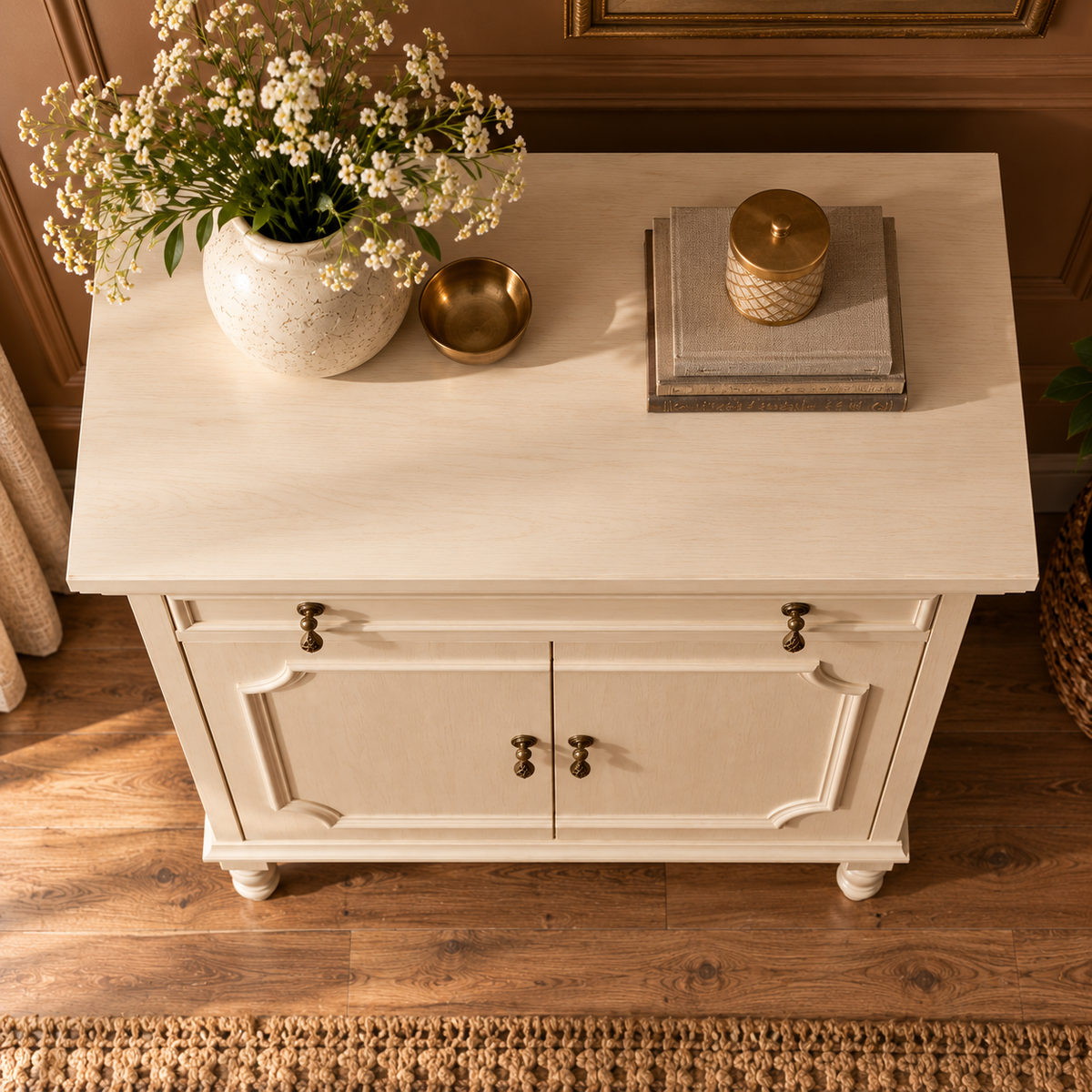 Cream Beige Wooden Sideboard Cabinet with 2 Doors & 1 Drawer Vintage French Country Storage Furniture