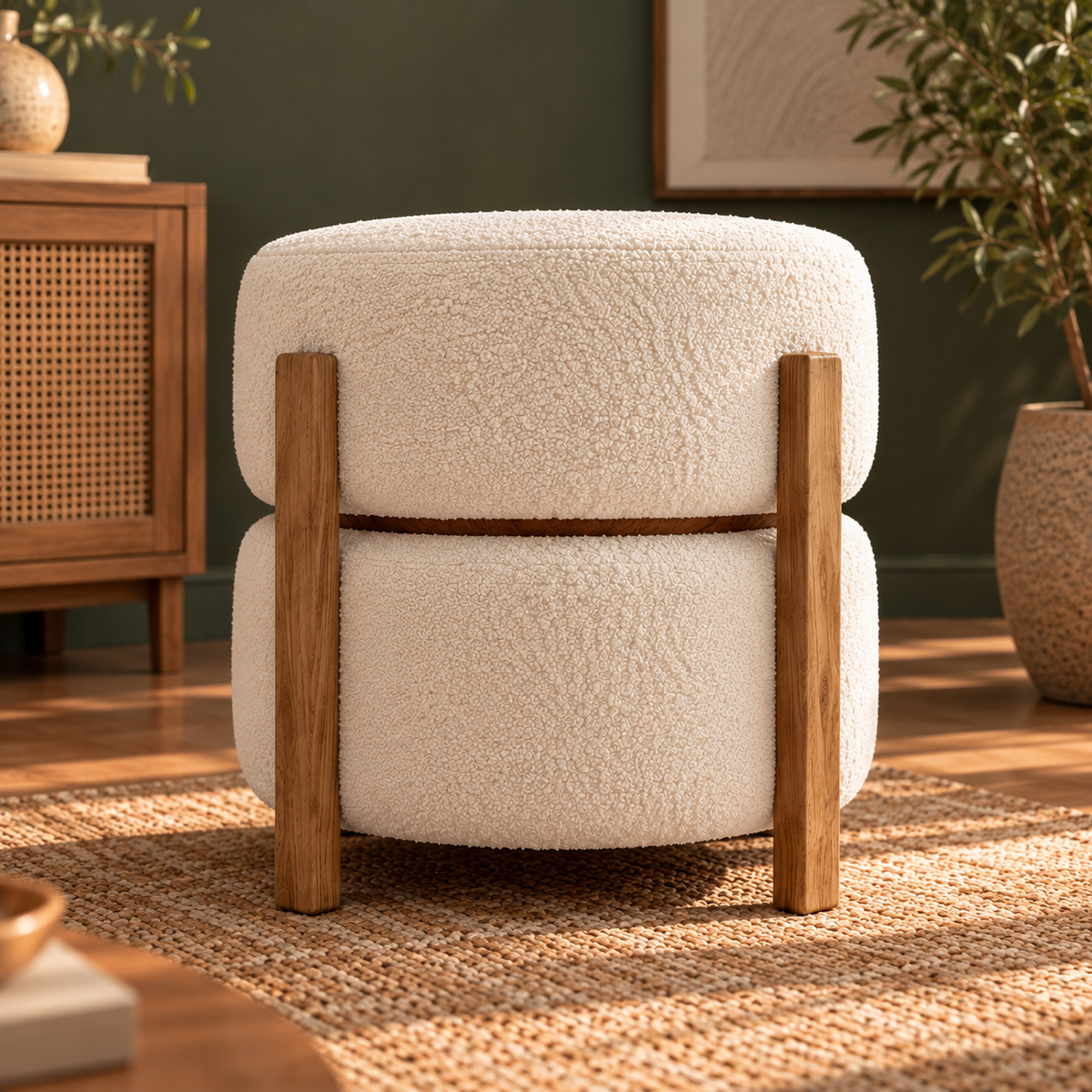 Cream Boucle Ottoman Stool with Wooden Frame, Modern Round Upholstered Pouf for Living Room, Bedroom and Dressing Area