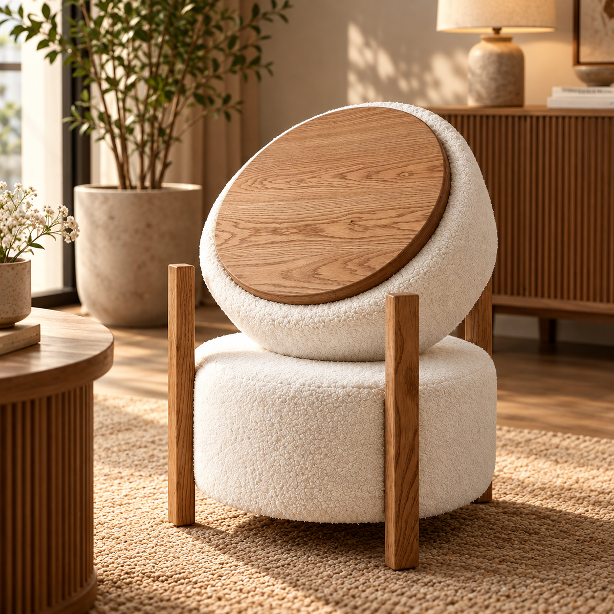 Cream Boucle Ottoman Stool with Wooden Frame, Modern Round Upholstered Pouf for Living Room, Bedroom and Dressing Area