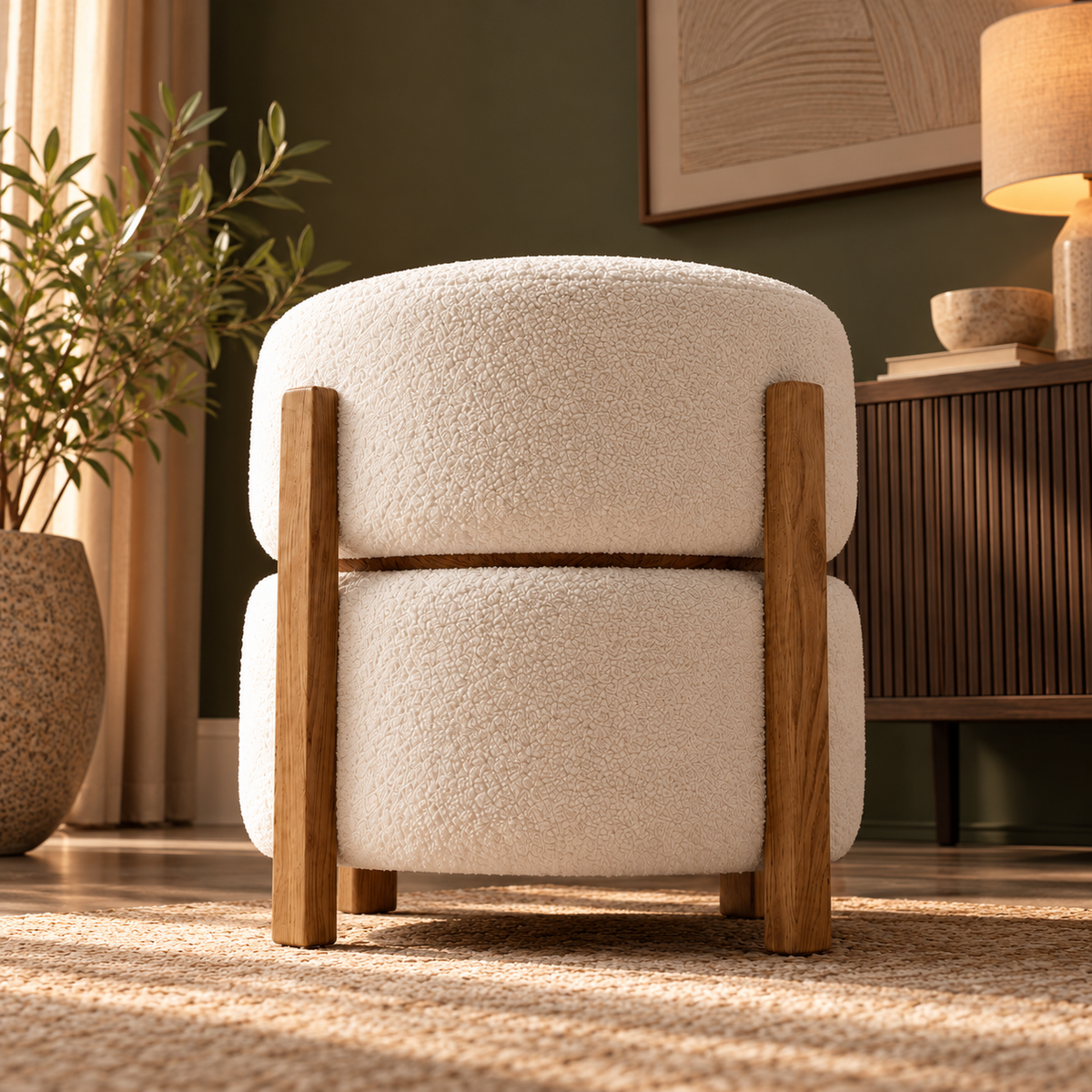 Cream Boucle Ottoman Stool with Wooden Frame, Modern Round Upholstered Pouf for Living Room, Bedroom and Dressing Area