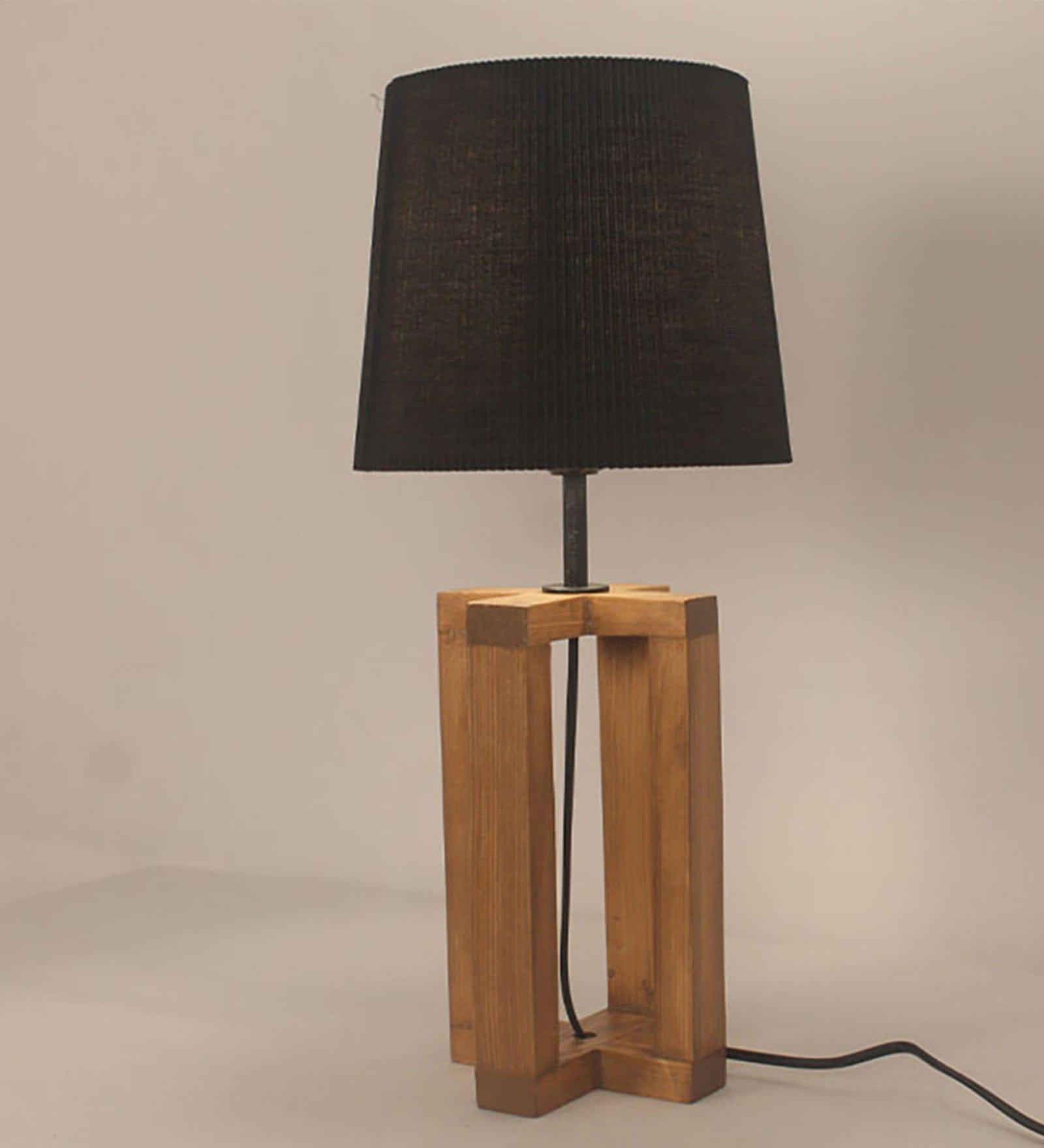 Criss Cross Brown Wooden Table Lamp with Yellow Printed Fabric Lampshade (BULB NOT INCLUDED) - Ouch Cart