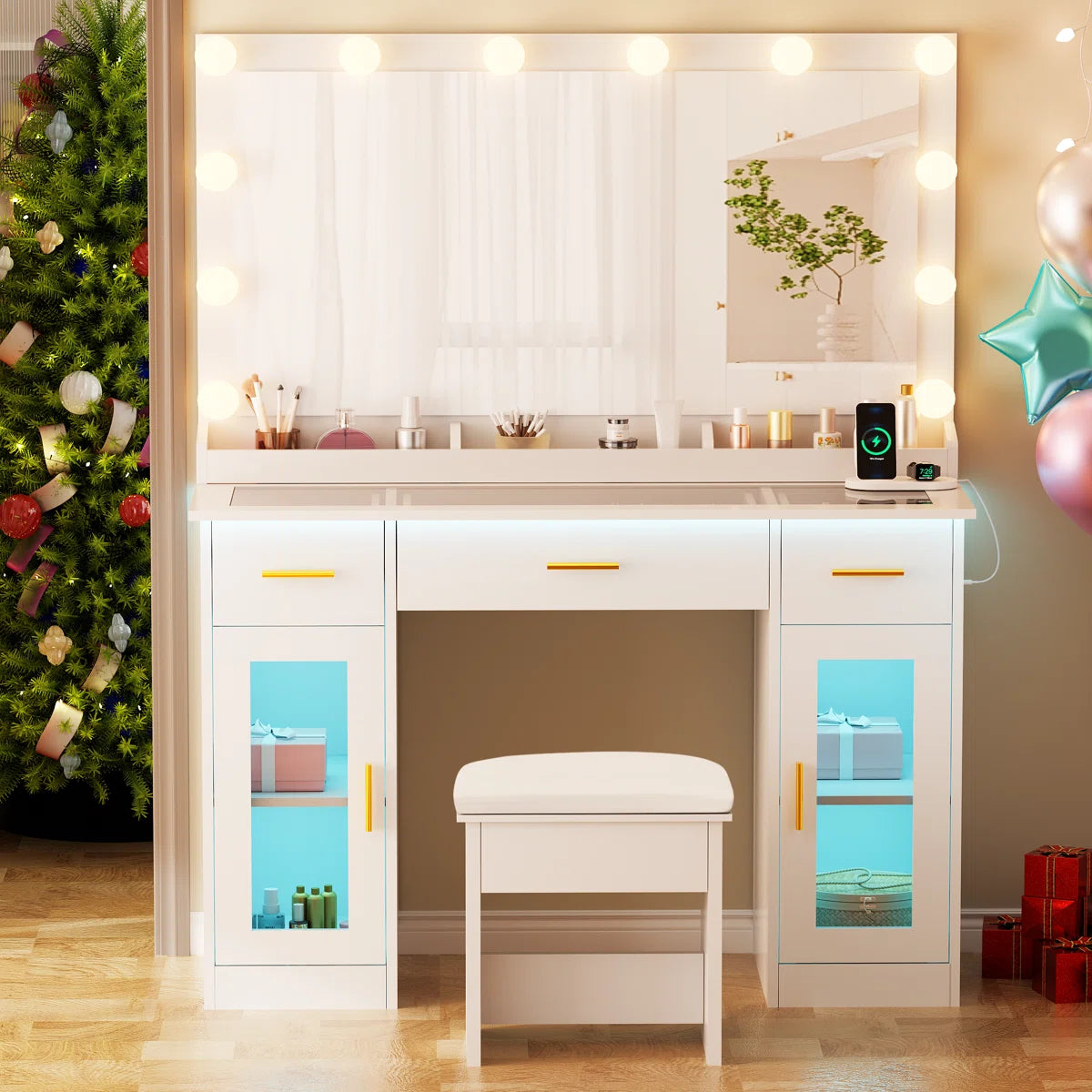 Adriel Vanity Table with Lighted Mirror, 12 LED Lights, and Built-In Charging Outlet-OUCH CART |Dressing table