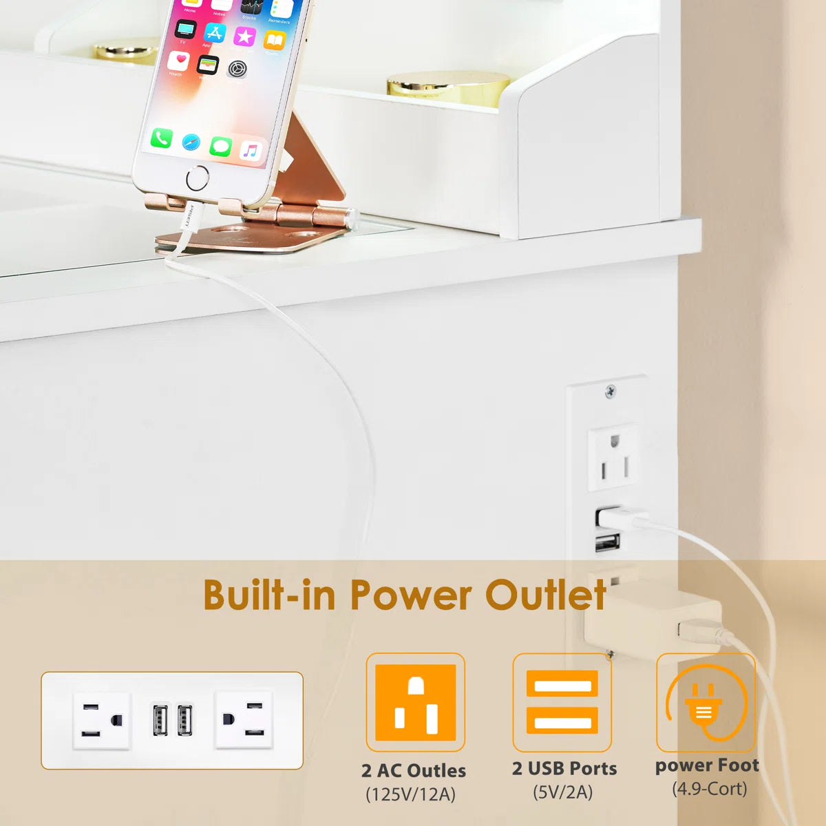 Adriel Vanity Table with Lighted Mirror, 12 LED Lights, and Built-In Charging Outlet-OUCH CART |Dressing table