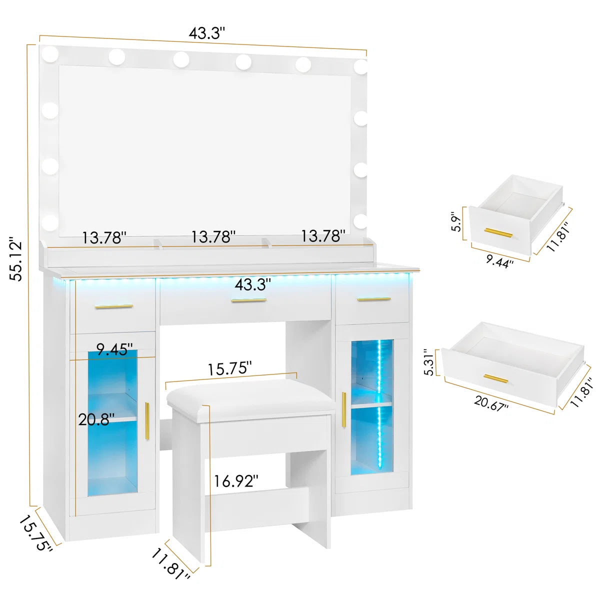 Adriel Vanity Table with Lighted Mirror, 12 LED Lights, and Built-In Charging Outlet-OUCH CART |Dressing table