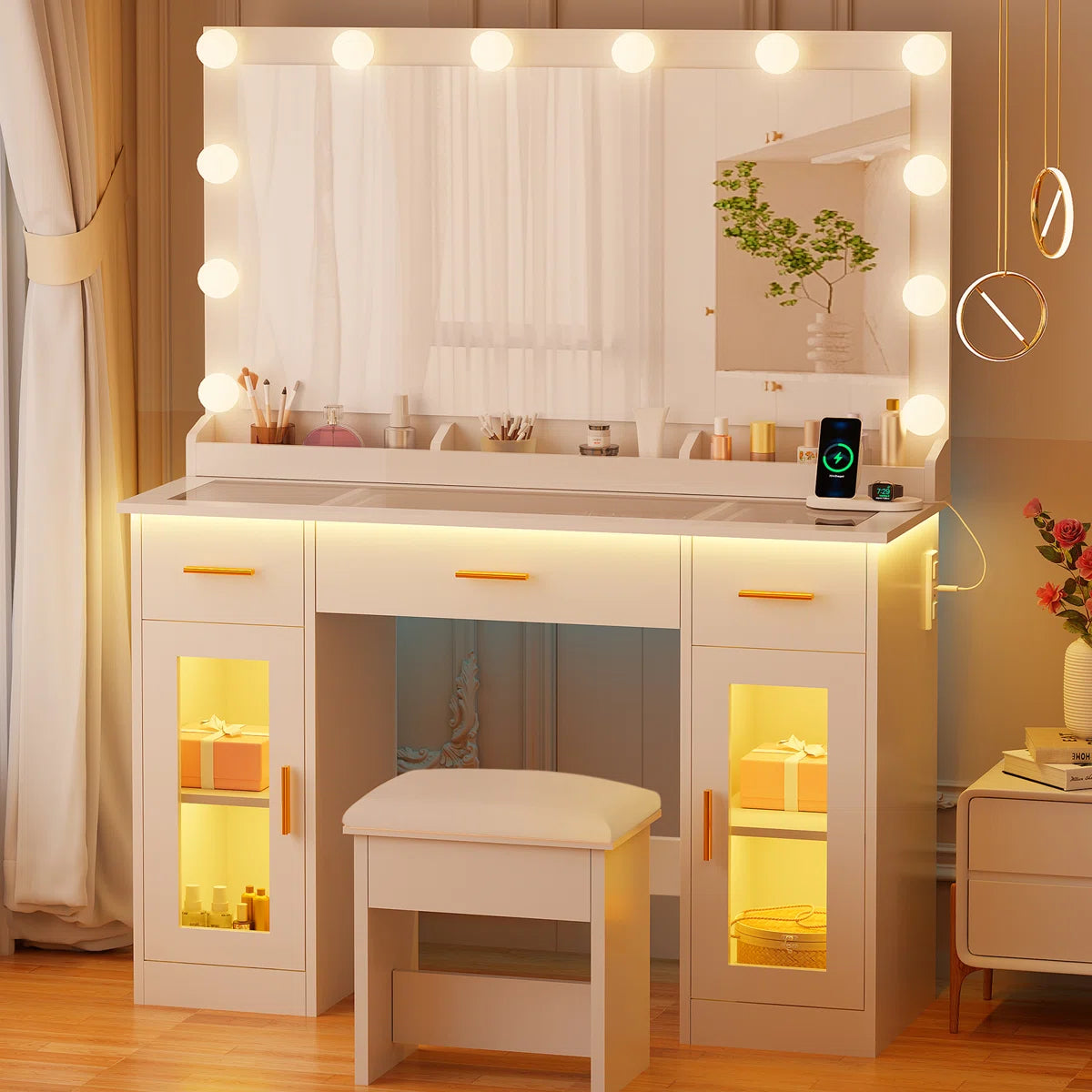 Adriel Vanity Table with Lighted Mirror, 12 LED Lights, and Built-In Charging Outlet-OUCH CART |Dressing table