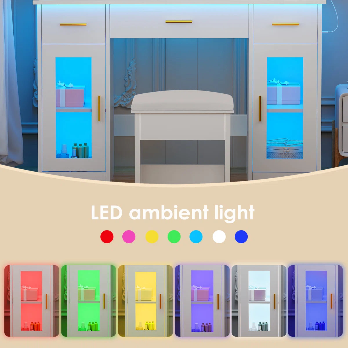 Adriel Vanity Table with Lighted Mirror, 12 LED Lights, and Built-In Charging Outlet