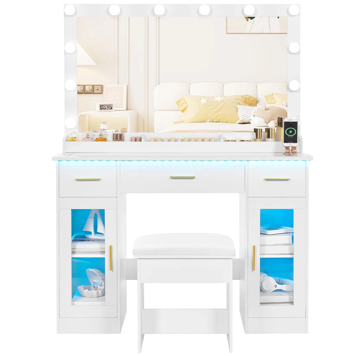 Adriel Vanity Table with Lighted Mirror, 12 LED Lights, and Built-In Charging Outlet-OUCH CART |Dressing table