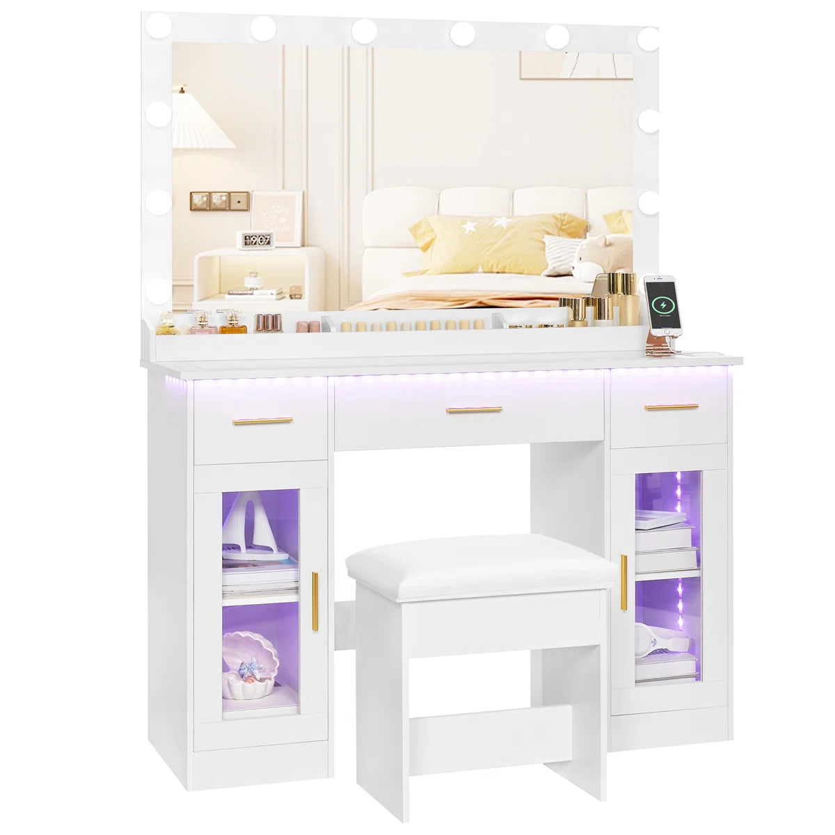 Adriel Vanity Table with Lighted Mirror, 12 LED Lights, and Built-In Charging Outlet