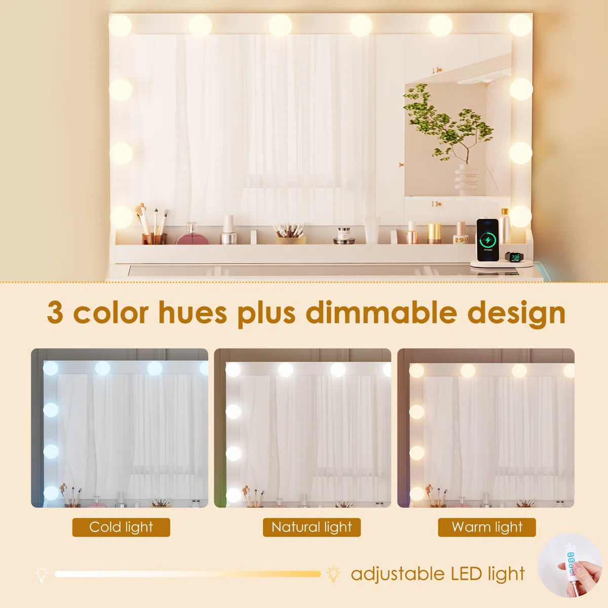 Adriel Vanity Table with Lighted Mirror, 12 LED Lights, and Built-In Charging Outlet