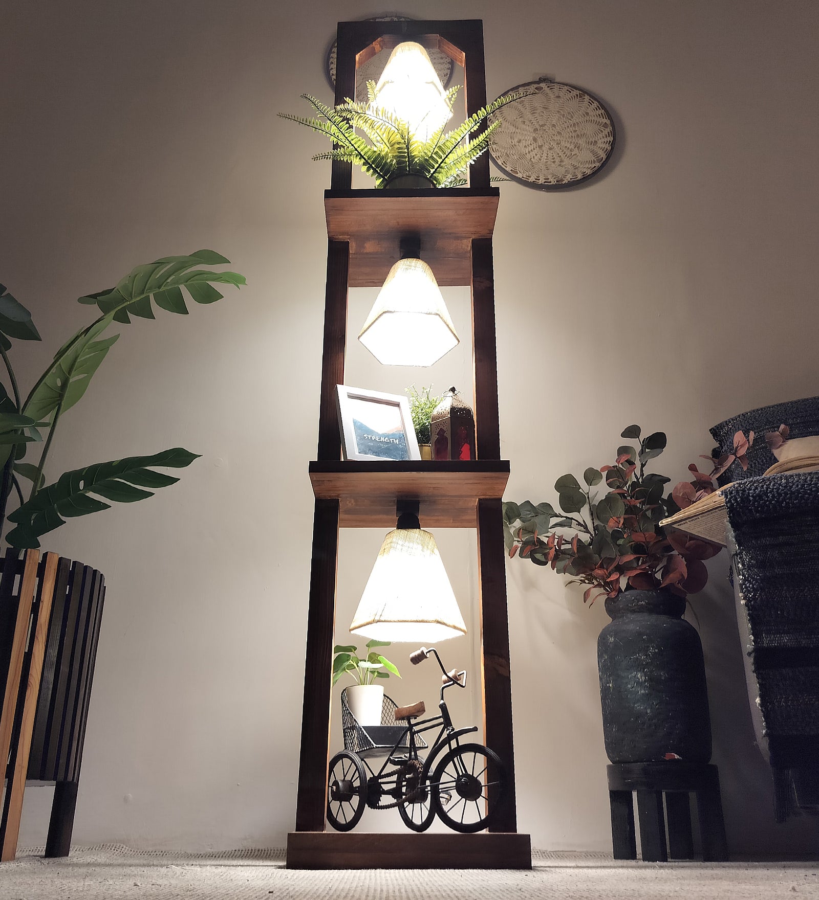 Daffodil Wooden Floor Lamp with Brown Base and Jute Fabric Lampshade (BULB NOT INCLUDED)