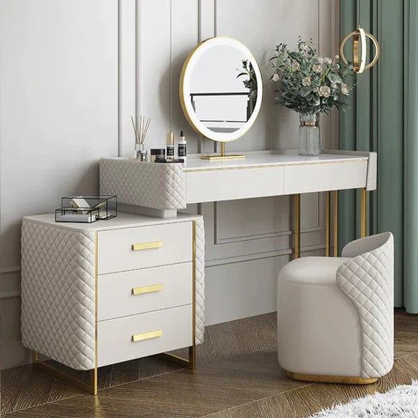 ISAK Wide Vanity with Mirror Vanity | Wooden dressing table design with stool |Vanity Table | Retractable Makeup with LED Mirror and 5 Spacious Drawers | Vanity Desk with Cabinet | Dressing Table for Bedroom Essential - Ouch Cart