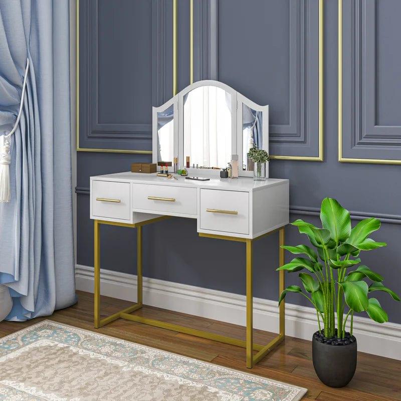 Vanity Desk, Makeup Vanity Desk with Mirror, Makeup Table and 3 Drawers, White - Ouch Cart