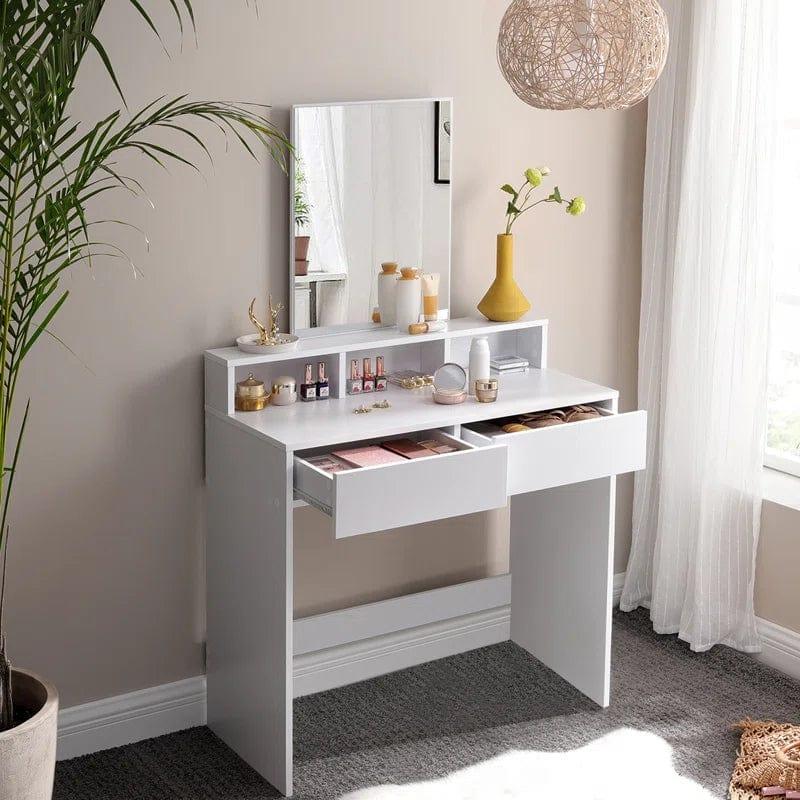 Makeup Vanity with Large Mirror, Vanity Desk with 2 Drawers Vanity Set Dressing Table for Women Girls (White) - Ouch Cart
