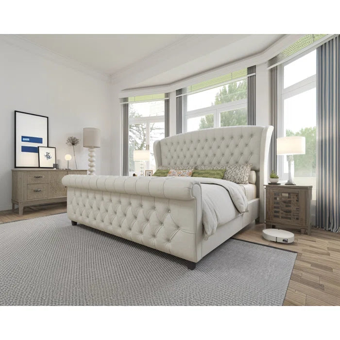 Velvet Sleigh Bed with Scroll Wingback Headboard – A Luxurious Touch for Your Bedroom