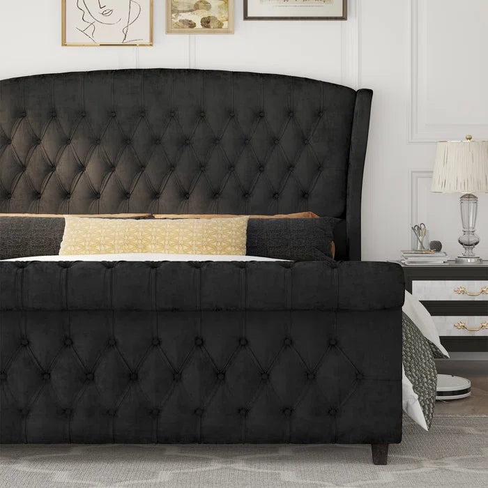Velvet Sleigh Bed with Scroll Wingback Headboard – A Luxurious Touch for Your Bedroom