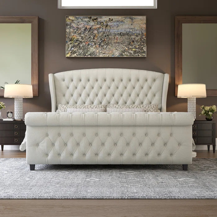 Velvet Sleigh Bed with Scroll Wingback Headboard – A Luxurious Touch for Your Bedroom