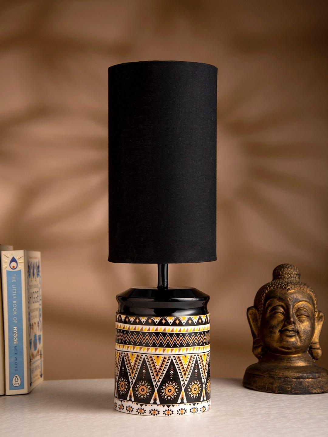 Metal Linear Art Printed Lamp with Solid Black Shade - Ouch Cart