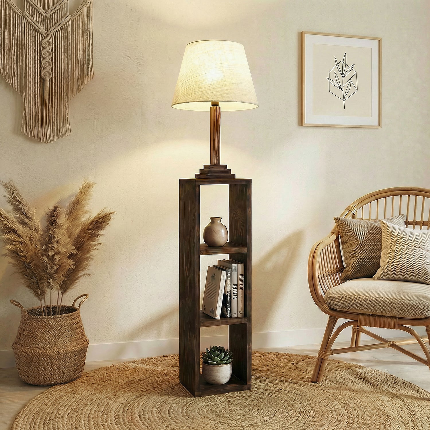 Ebenezer Wooden Floor Lamp with Brown Base and Beige Fabric Lampshade (BULB NOT INCLUDED)