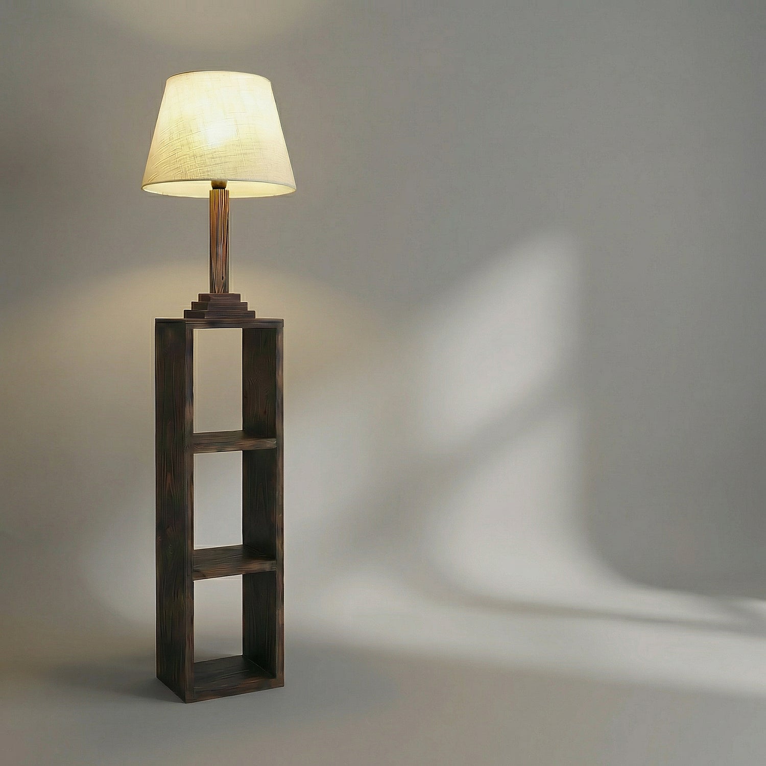 Ebenezer Wooden Floor Lamp with Brown Base and Beige Fabric Lampshade (BULB NOT INCLUDED)