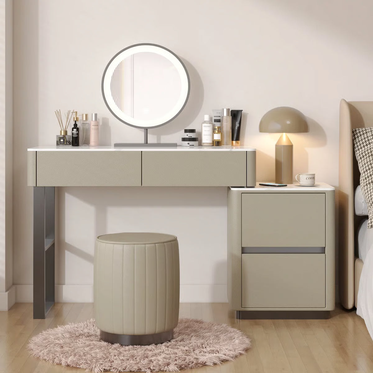 Solid Wood Makeup Vanity Desk –Edorta  55.12'' with LED Mirror & Stool